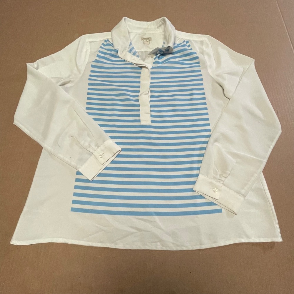 J.Crew Silk White Blue Sailor Stripe Contrast Panel Popover Blouse Women's Sz M